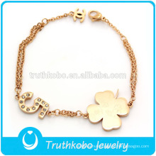 TKB-JB0017 Lucky rose gold 316Lstainless steel bracelets with four leaf clover and crystal paved artifical diamond NO.5